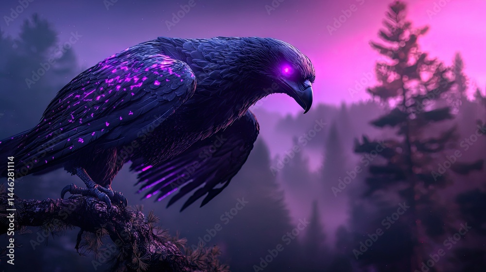 A majestic eagle with glowing purple eyes in a foggy forest