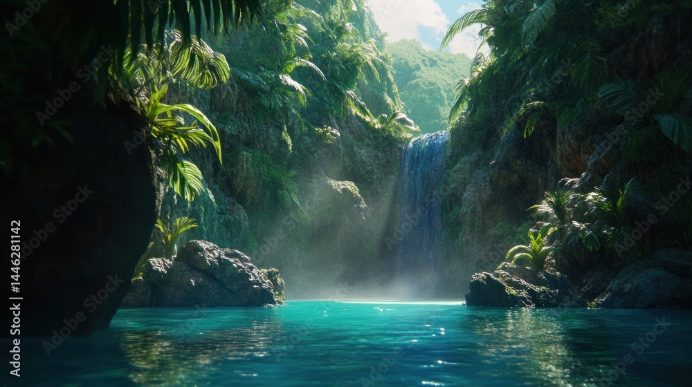 Lush tropical paradise featuring a waterfall and turquoise water