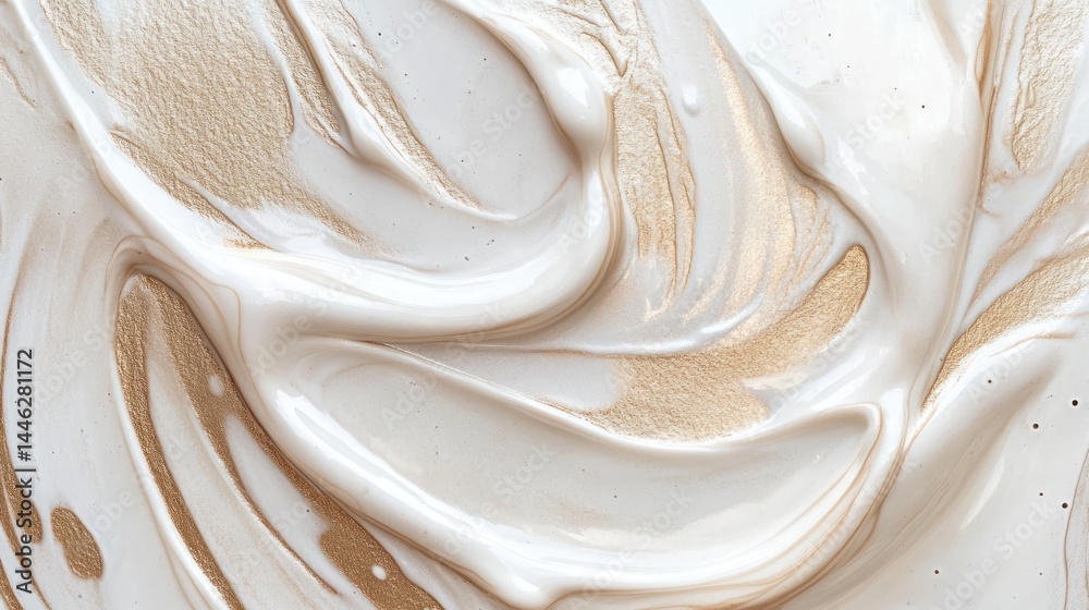 Swirls of beige and gold paint create abstract patterns