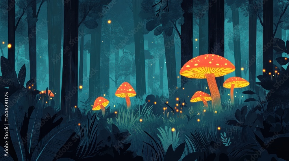 Glowing mushrooms illuminate a mystical forest at night