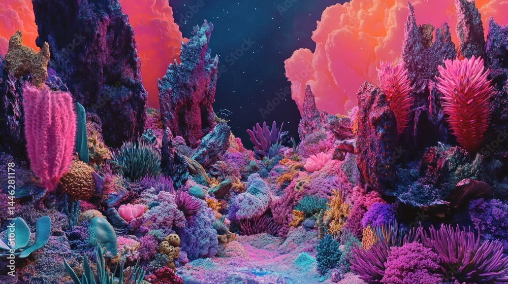 Vivid and surreal landscape of plants and otherworldly rock formations