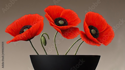 Obraz na płótnie Vivid red poppy flowers elegantly arranged in a simple black pot w salonie