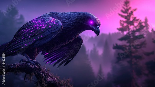 Obraz na płótnie A majestic eagle with glowing purple eyes in a foggy forest w salonie