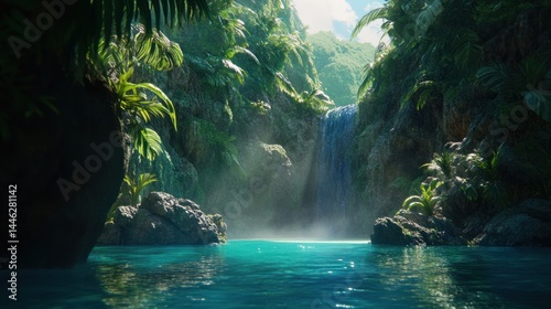 Lush tropical paradise featuring a waterfall and turquoise water