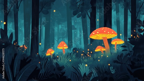 Obraz na płótnie Glowing mushrooms illuminate a mystical forest at night w salonie