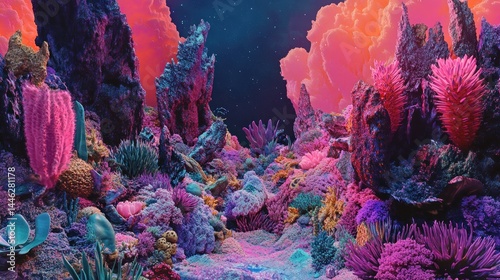 Obraz na płótnie Vivid and surreal landscape of plants and otherworldly rock formations w salonie