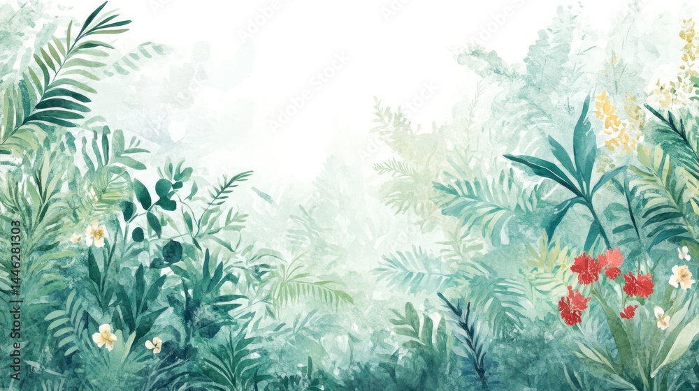 Artistic depiction showcases a lush tropical garden in watercolor style