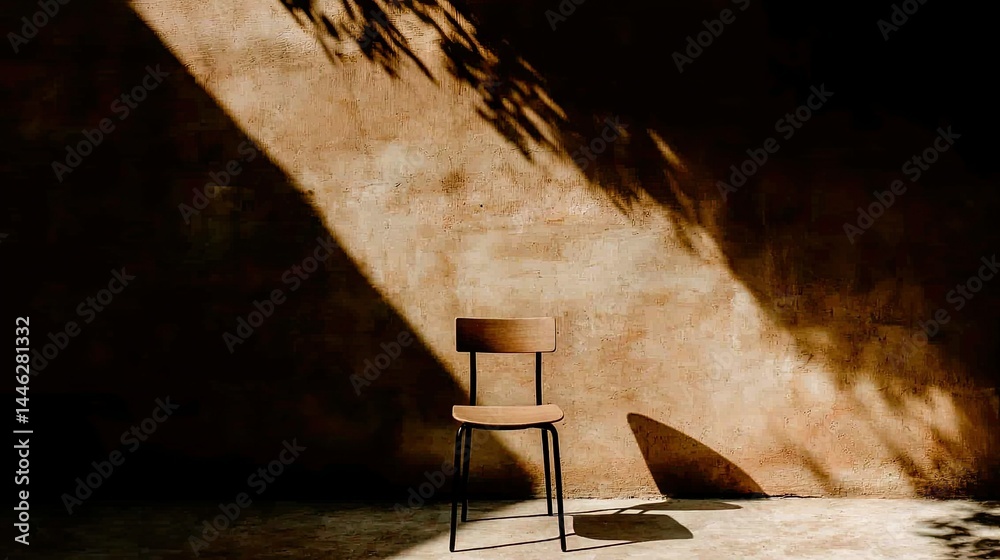 Wooden chair illuminated by natural light and shadow patterns