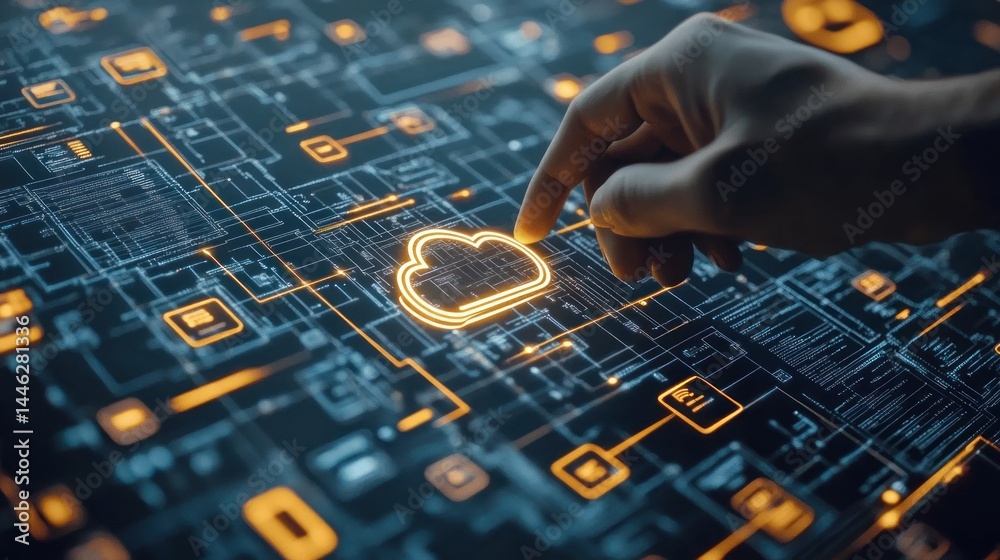 A hand interacting with a digital cloud computing network