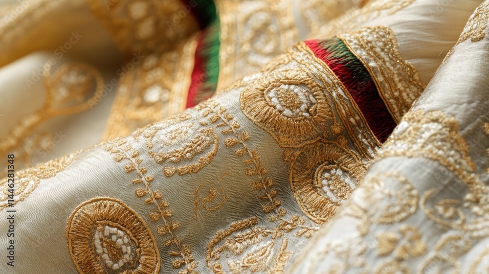 Intricate gold embroidery graces light colored fabric with red accents