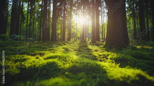 Sunlight filters through tall trees illuminating a mossy forest floor