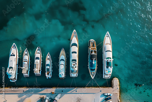 Aerial View of Luxury Yachts Lined Up Along Dock Above Calm Turquoise Waters

