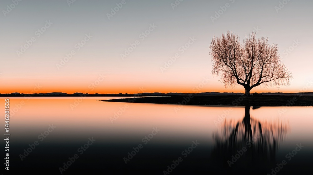 A solitary tree stands reflected in calm waters during sunset
