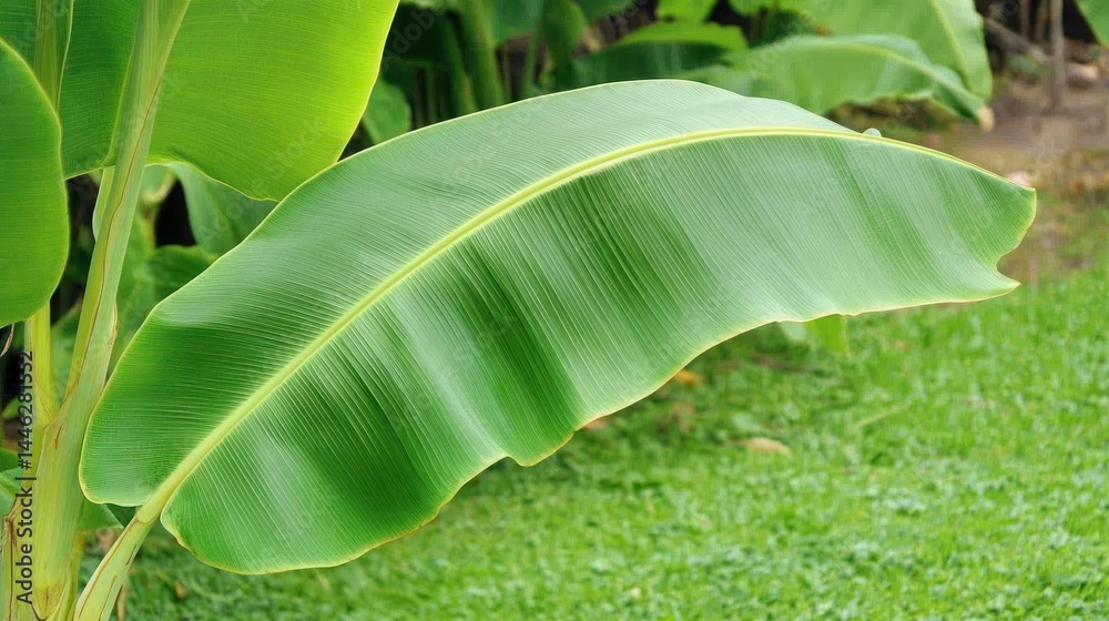 A vibrant green banana leaf is featured prominently in nature