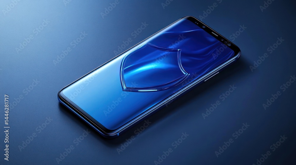 Mobile phone with blue screen displaying a shield icon