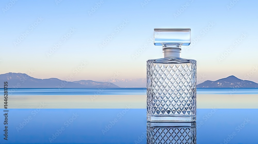 An Elegant Glass Decanter Displayed With Beautiful Ocean Background