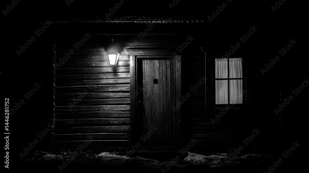 A spooky cabin is illuminated by a single outdoor lantern
