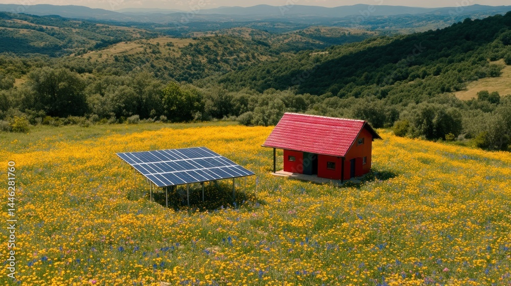 Solar panels power a small red house in a field