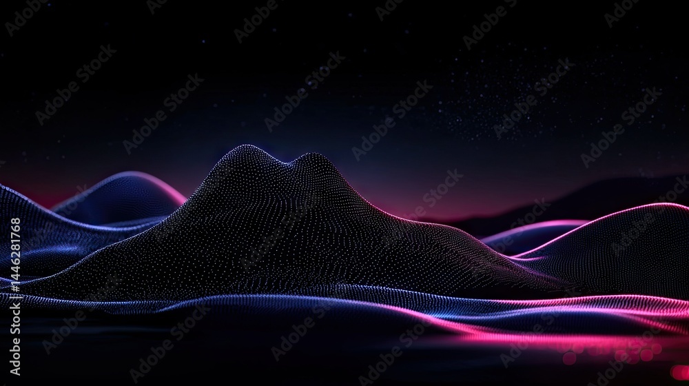 Abstract digital landscape with illuminated peaks and a starry background