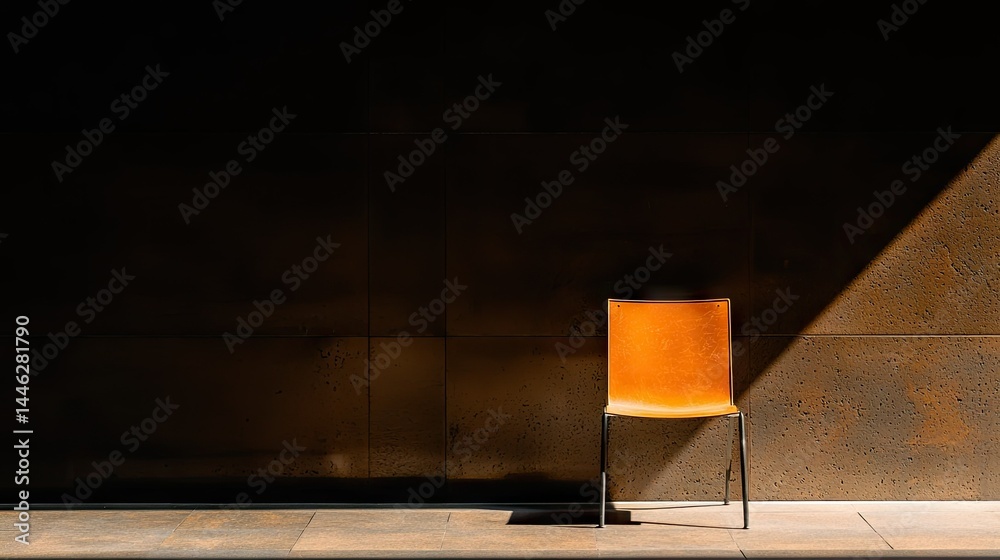 An empty orange chair against a textured wall in sunlight