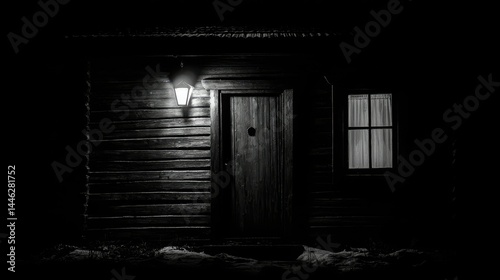 Obraz na płótnie A spooky cabin is illuminated by a single outdoor lantern w salonie