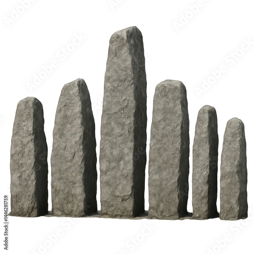 Imposing alignment of ancient grey standing stones, rough tall monoliths featuring detailed weathered surface textures.