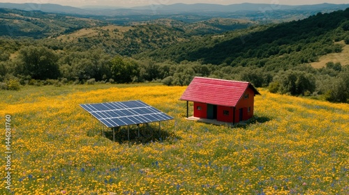 Obraz na płótnie Solar panels power a small red house in a field w salonie
