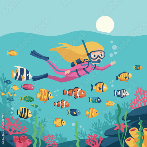Adobe Illustrator Artwork Colorful cartoon illustration of a girl scuba diving underwater amongst coral reefs, various tropical fish, and starfish in a clear blue ocean.