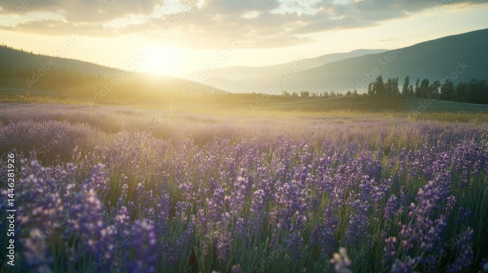 Lavender field extends toward mountains under a bright morning sun
