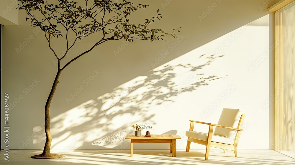 A minimalist interior design with sunlight and a tree