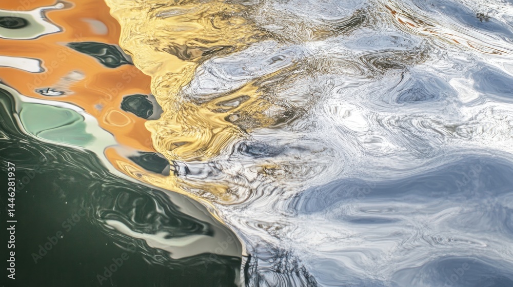 Distorted reflections of buildings are shown in the rippling water