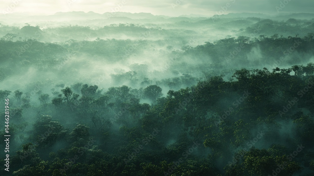 A panoramic view of a dense and foggy tropical rainforest