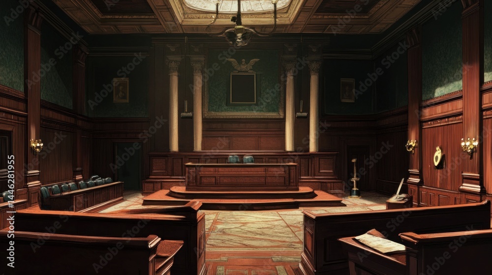 Empty courtroom featuring dark wood paneling and neoclassical design