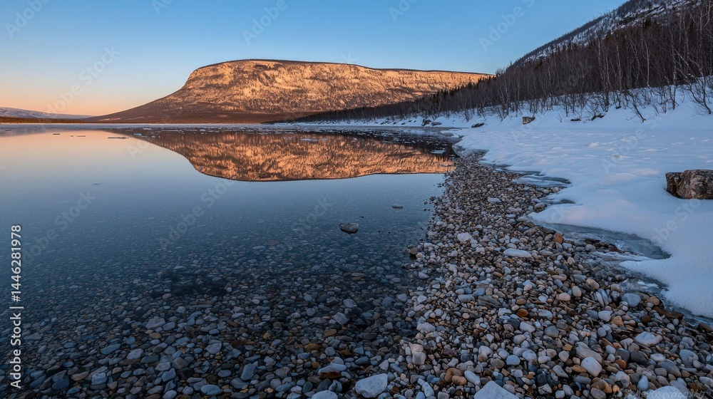 A scenic waterscape with a mountain reflection and shoreline