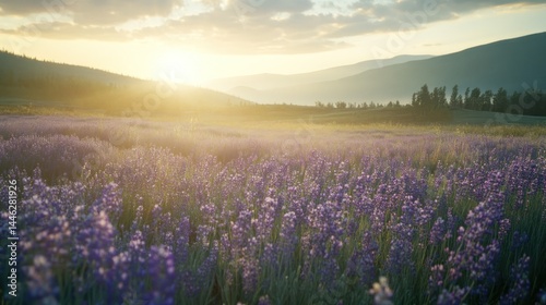 Obraz na płótnie Lavender field extends toward mountains under a bright morning sun w salonie