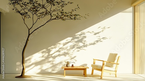 Obraz na płótnie A minimalist interior design with sunlight and a tree w salonie