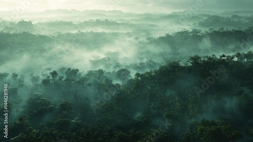 Obraz na płótnie A panoramic view of a dense and foggy tropical rainforest w salonie