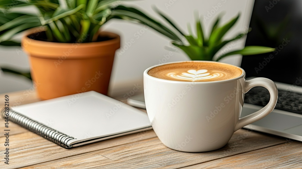 A latte art coffee cup next to a notebook and a plant