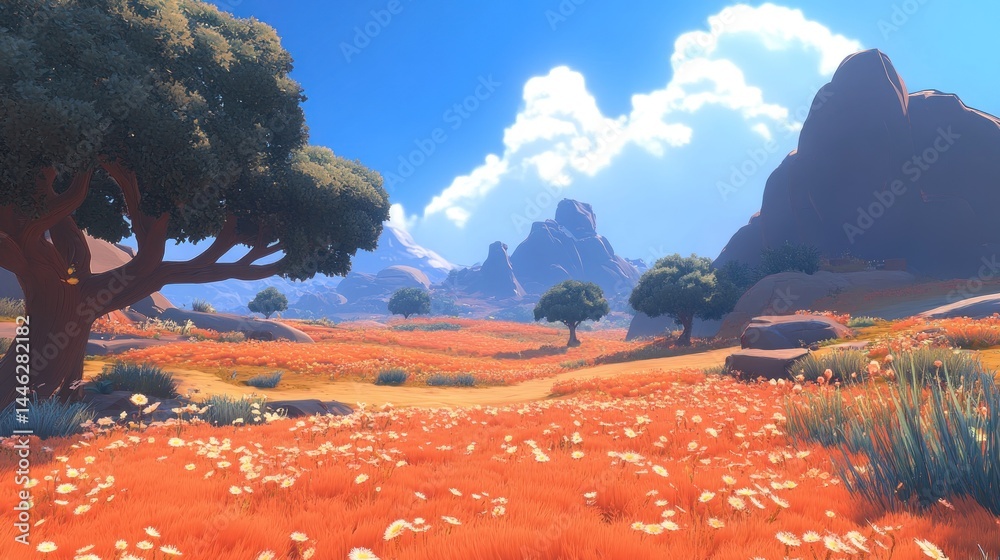 Cartoonish scenic landscape showcases rolling hills dotted with trees