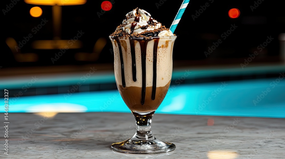 Delicious milkshake dessert with chocolate syrup and whipped cream