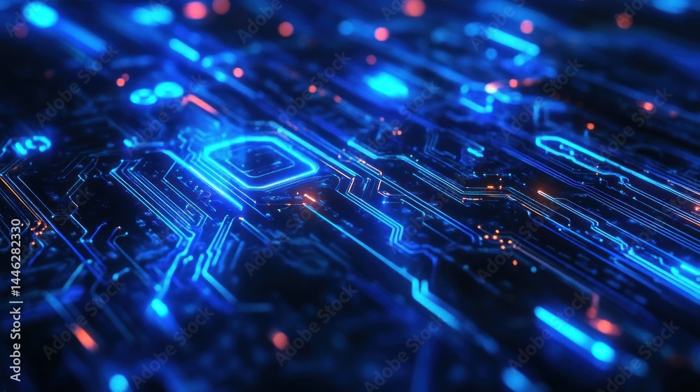 Abstract image showing a glowing blue digital motherboard network