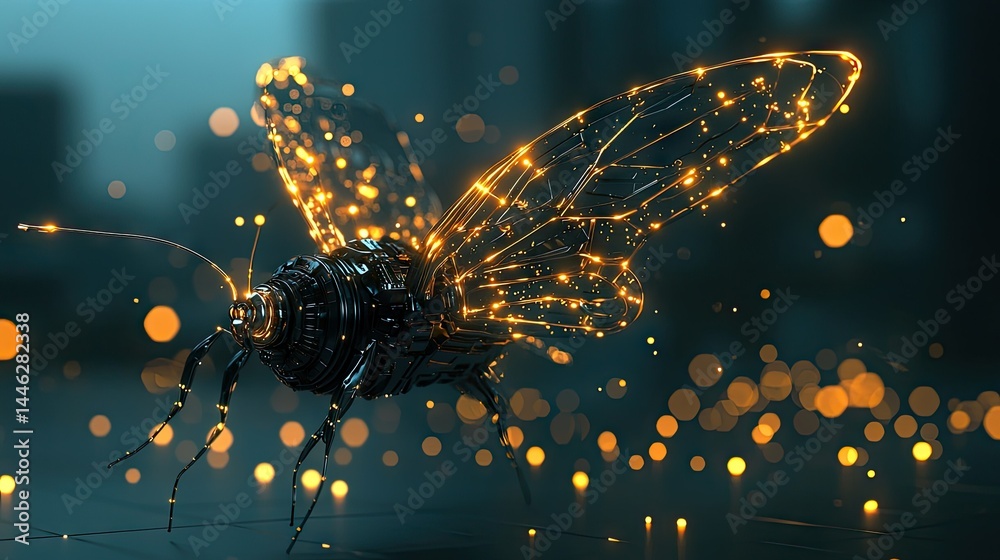 A Futuristic Mechanical Insect With Glowing Lights Floating Gracefully