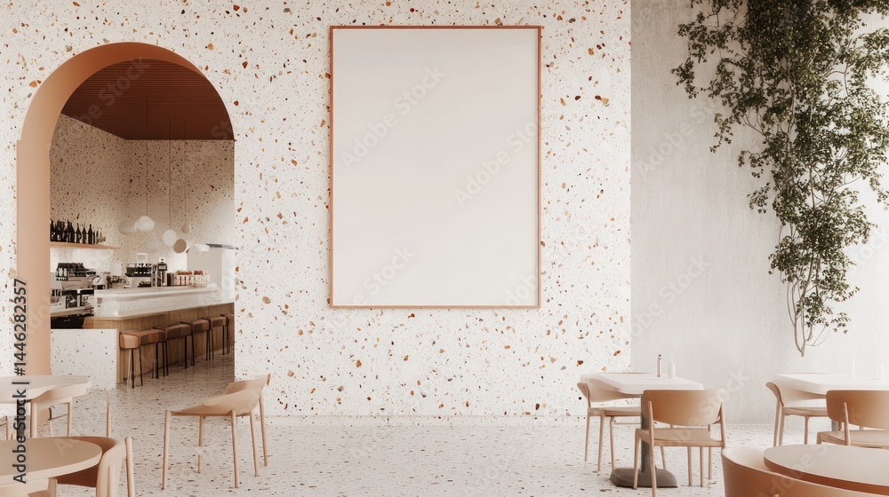 Bright and airy restaurant interior with arched doorway and blank frame