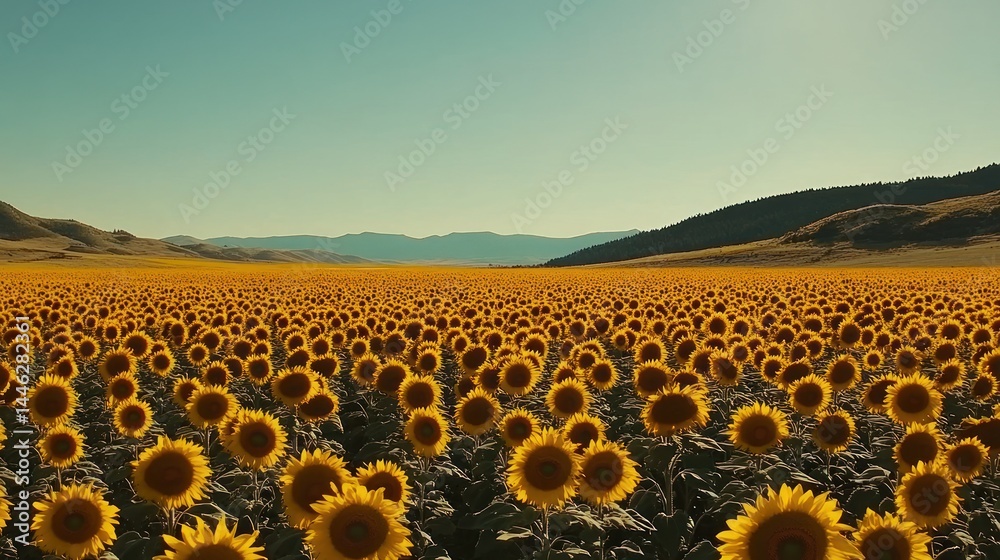 Expansive sunflower field stretching toward mountains beneath a clear sky