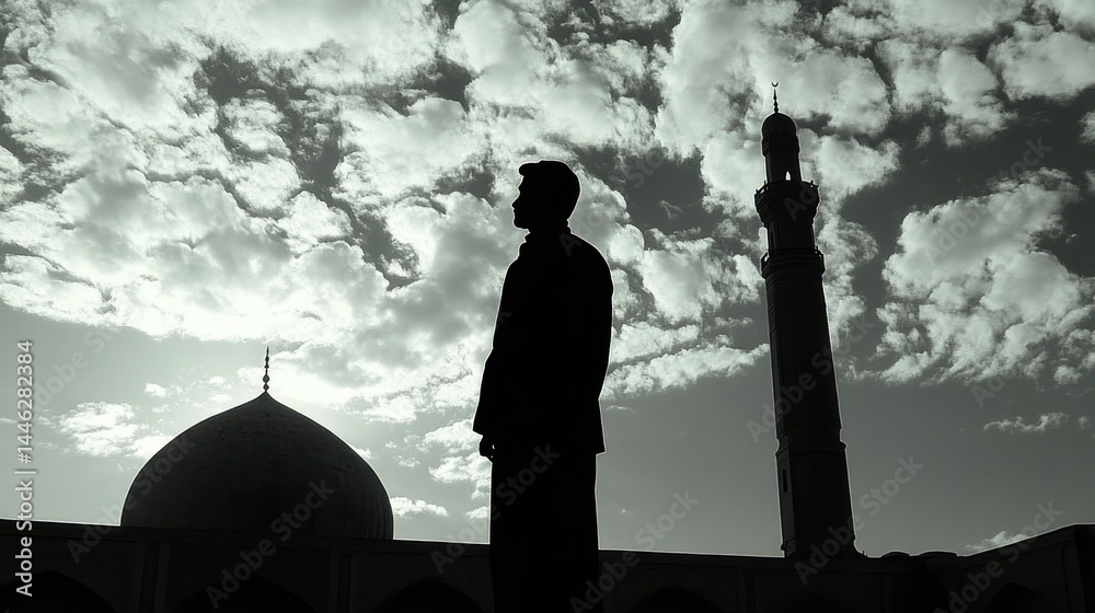 Silhouette of a man standing before mosque with cloudy sky