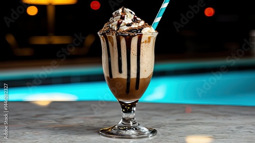 Obraz na płótnie Delicious milkshake dessert with chocolate syrup and whipped cream w salonie