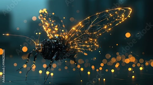 Obraz na płótnie A Futuristic Mechanical Insect With Glowing Lights Floating Gracefully w salonie