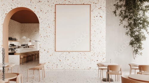 Obraz na płótnie Bright and airy restaurant interior with arched doorway and blank frame w salonie