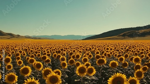 Obraz na płótnie Expansive sunflower field stretching toward mountains beneath a clear sky w salonie