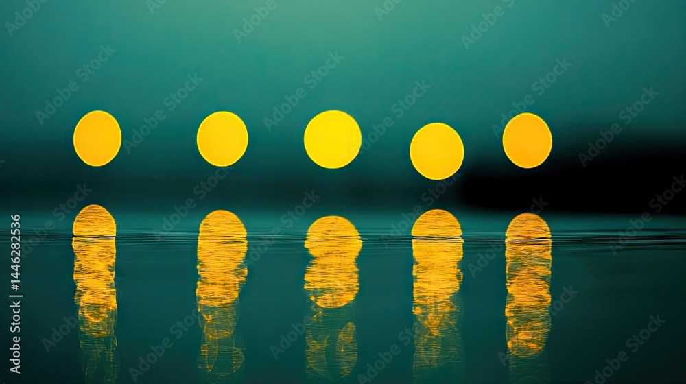 Five yellow circles reflected in rippling water surfaces seamlessly